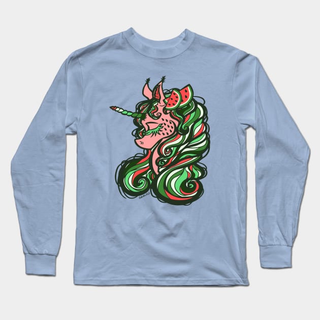 Watermelon Unicorn Long Sleeve T-Shirt by Jan Grackle